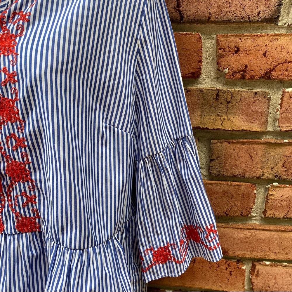 Primark Blue White Striped Blouse Red Embroidery - Picture 5 of 8